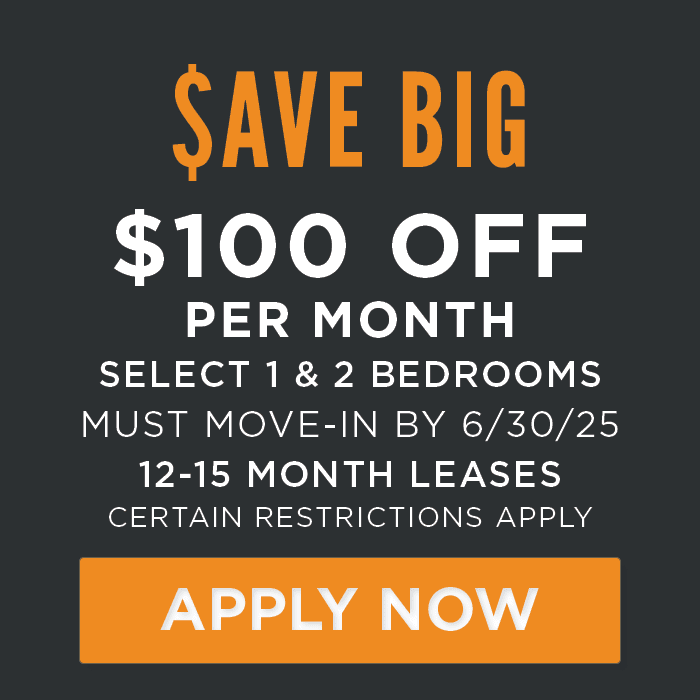 Save big $100 Off per month. Select 1 & 2 Bedrooms. Must move-in by 6/30/25. 12-15 month leases Certain Restrictions Apply.
