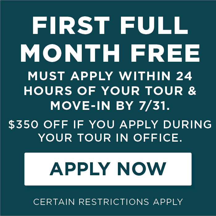 First full month free. Must apply within 24 hours of touring and move in by 7/30.     