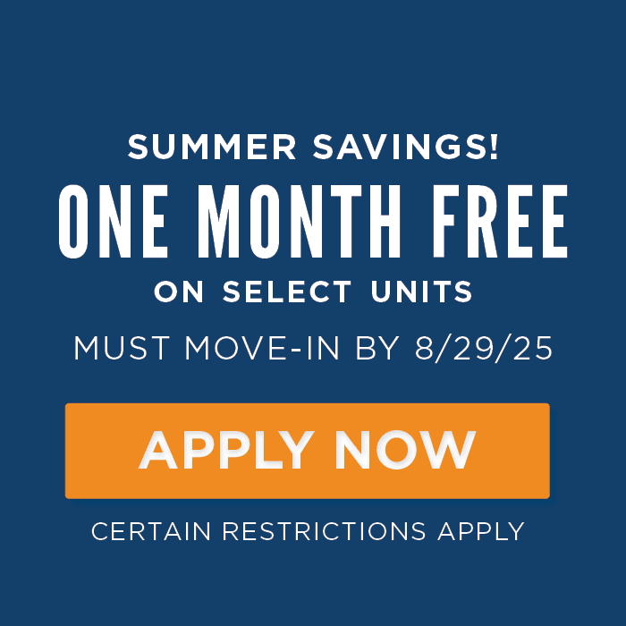 One Month Free on select 2 bedroom garden units and 3 bedroom units. Must move-in by 8/29
