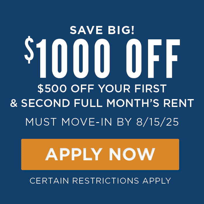 Save $1000 OFF! $500 off your first  & second full month’s rent. Must move-in by 8/15/25. Certain Restrictions Apply. 