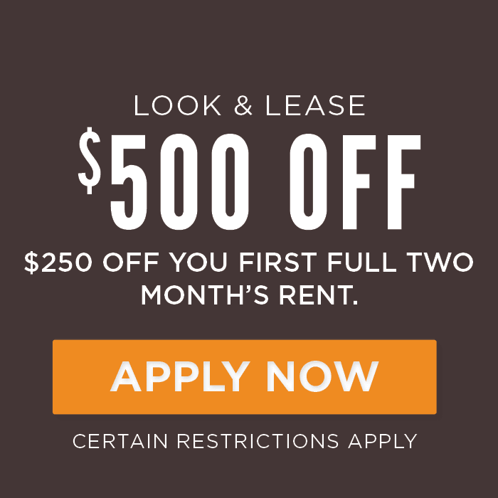 Look & Lease $500 OFF $250 Off you first full two month’s rent.  Certain Restrictions Apply.