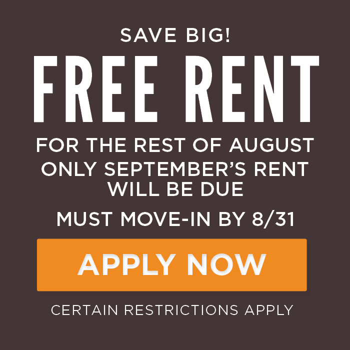 SAVE BIG! Free rent for the rest of August. Only September’s rent will be due. Must move-in by 8/31. 