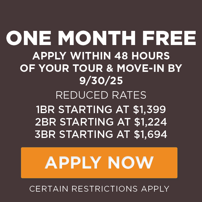 One month free apply within 48 hours  of your tour & move-in by 9/30/25 reduced rates 1BR starting at $1,399 2BR starting at $1,224 3BR starting at $1,694