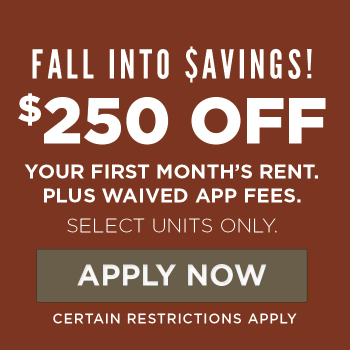 Fall into $avings! $250 OFF your first month’s Rent. Plus waived app fees.  SELECT UNITS ONLY.