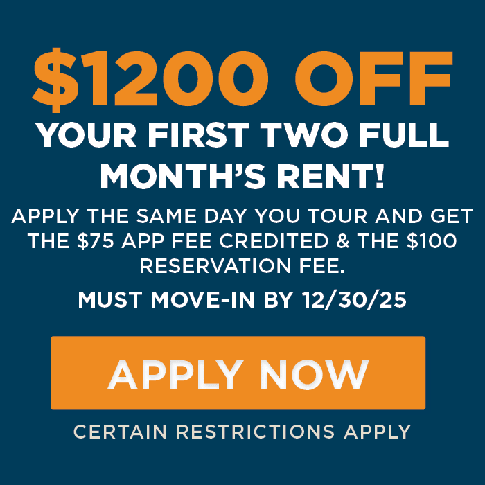 $1200 off your First two Full Month’s Rent  must move in by 12/30/25 apply same day you tour and save $275 on fees Certain Restrictions Apply.