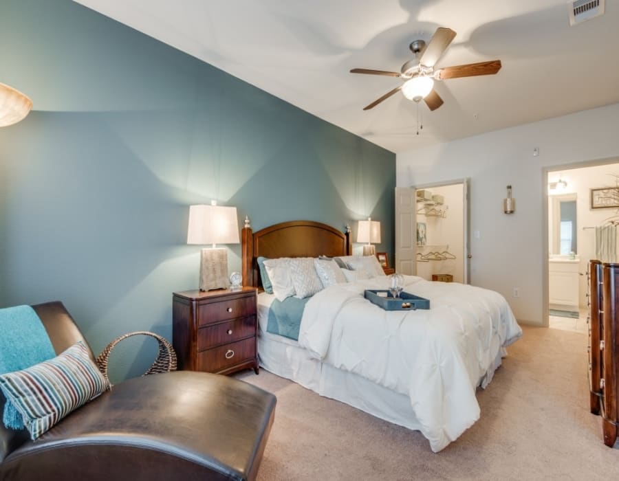 Model apartment bedroom at Lookout Hollow in Selma, Texas