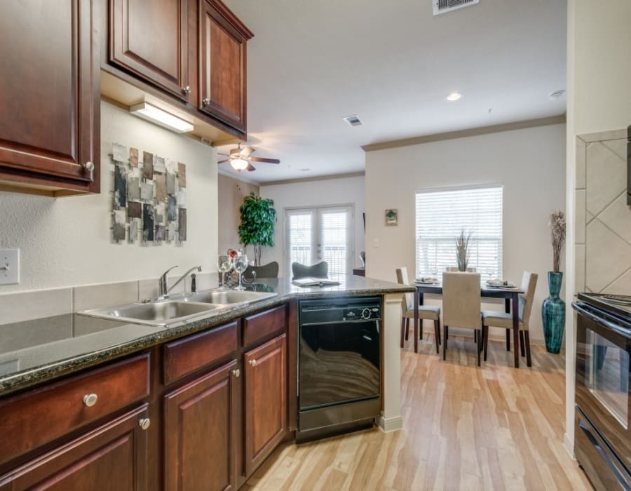 model apartment kitchen at Lookout Hollow in Selma, Texas