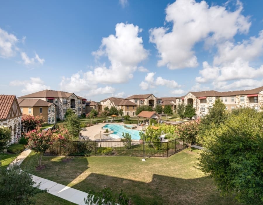 Wide angle view of the campus at Lookout Hollow in Selma, Texas