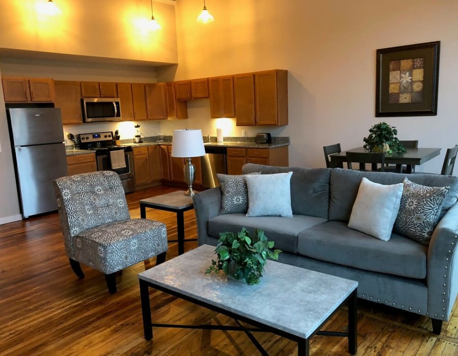 model apartment kitchen at Lofts by the Lake in Greer, South Carolina