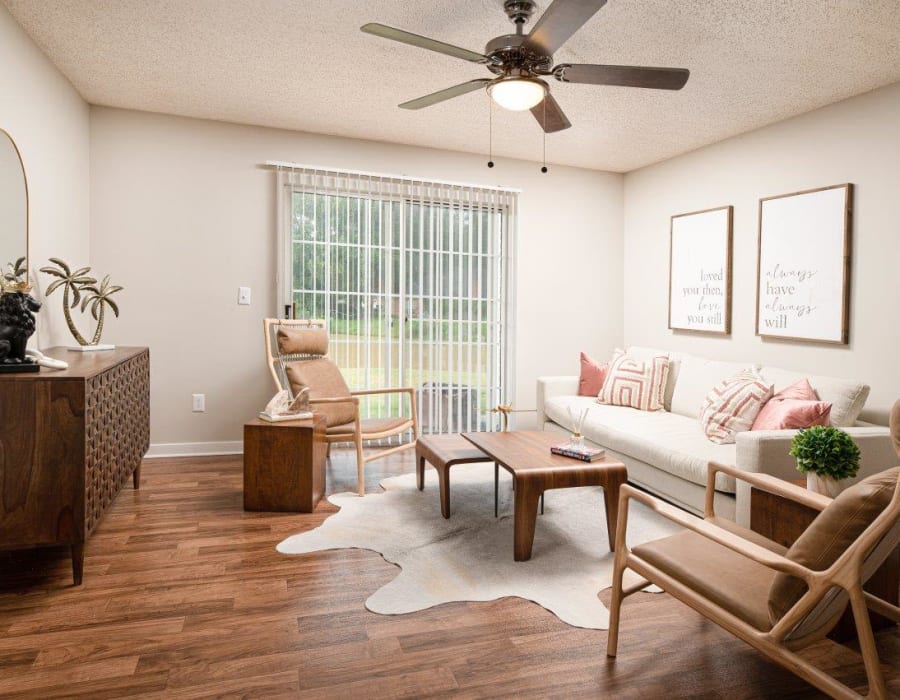 Model apartment living room at Southwind Apartments in Richland, Mississippi