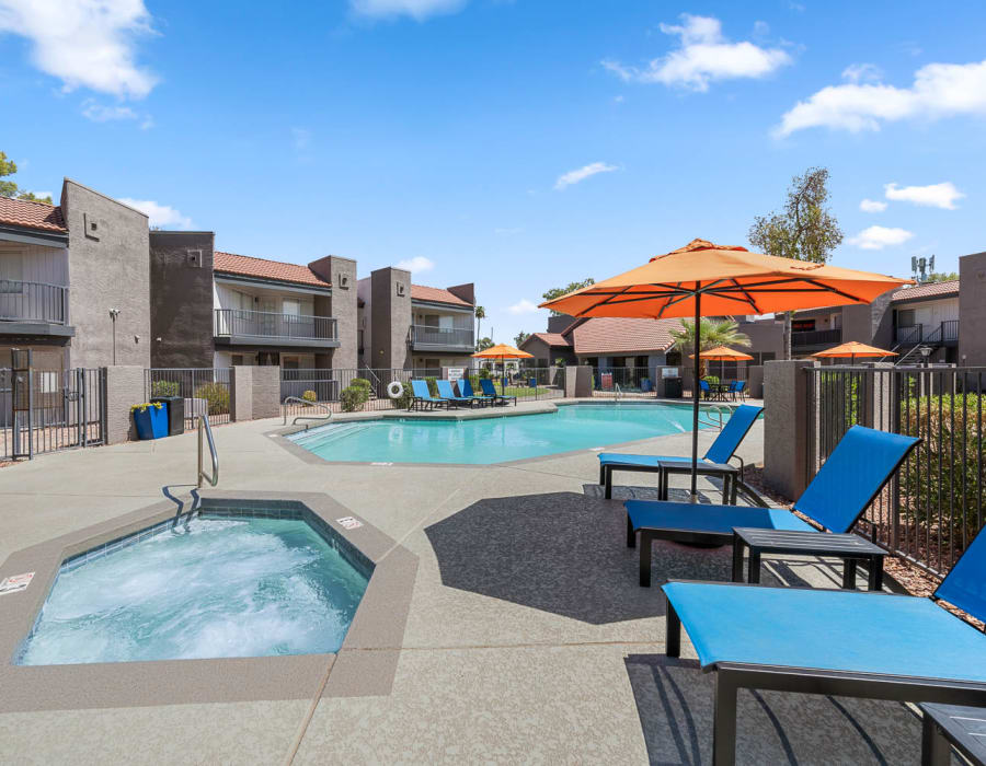 Resident in swimming pool and hot tub at Cantala in Glendale, Arizona