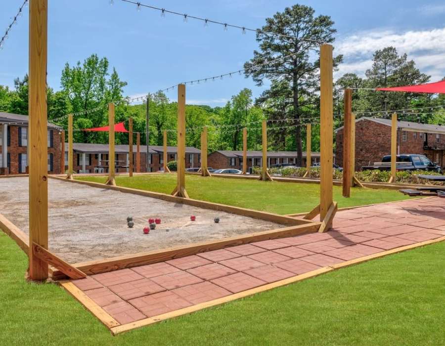 Lawn and bocce ball court at Flats @ 235 in Athens, Georgia
