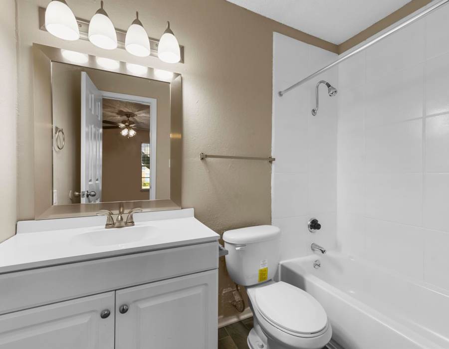 Well-lit bathroom with bathtub and mirror at Misty Hollow in Arlington. TX  