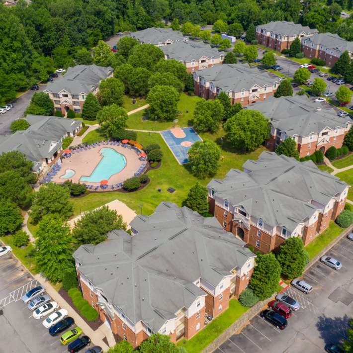 Aerial shots of complex at Attain on 5th in Charlottesville, Virginia
