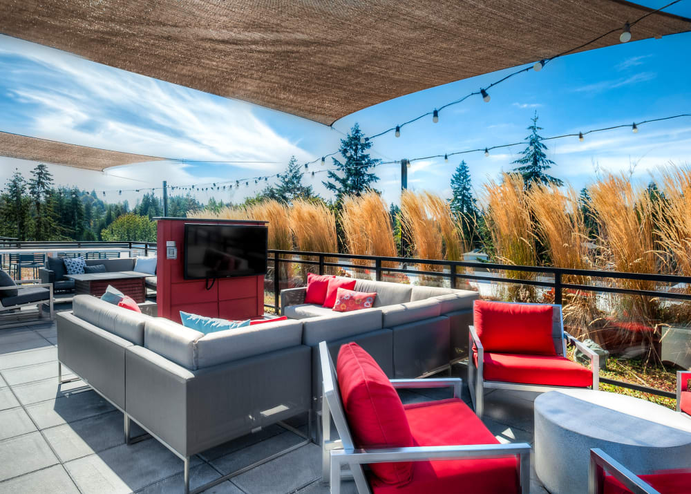 Rooftop lounge and views at Tria Apartments in Newcastle, WA