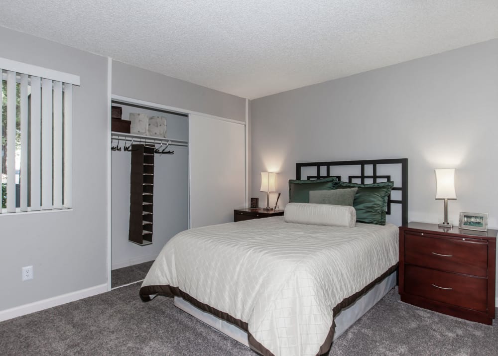 A relaxing model bedroom at Avery Park Apartments