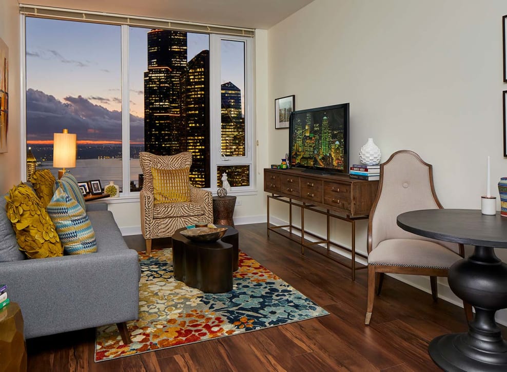 Living room in unit at Murano in Seattle, Washington