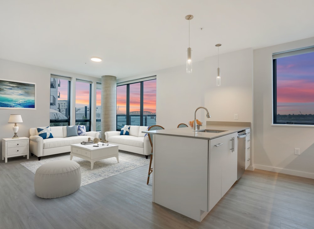 Model Living Room with View of the Columbia River at The Columbia at the Waterfront in Vancouver, Washington