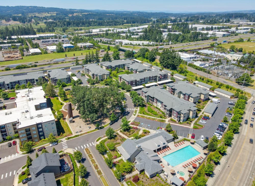 Aerial view of Terrene at the Grove and the surrounding area in Wilsonville, Oregon