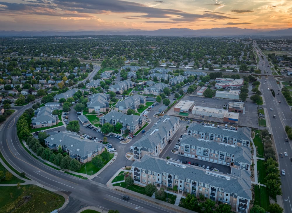 An aerial view of Hawthorne Hill Apartments and the surrounding area of Thornton, Colorado