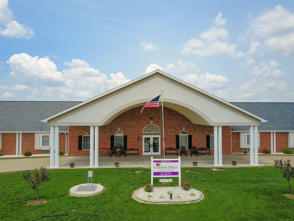 Exterior of the front entrance at Garden Place Red Bud in Red Bud, Illinois