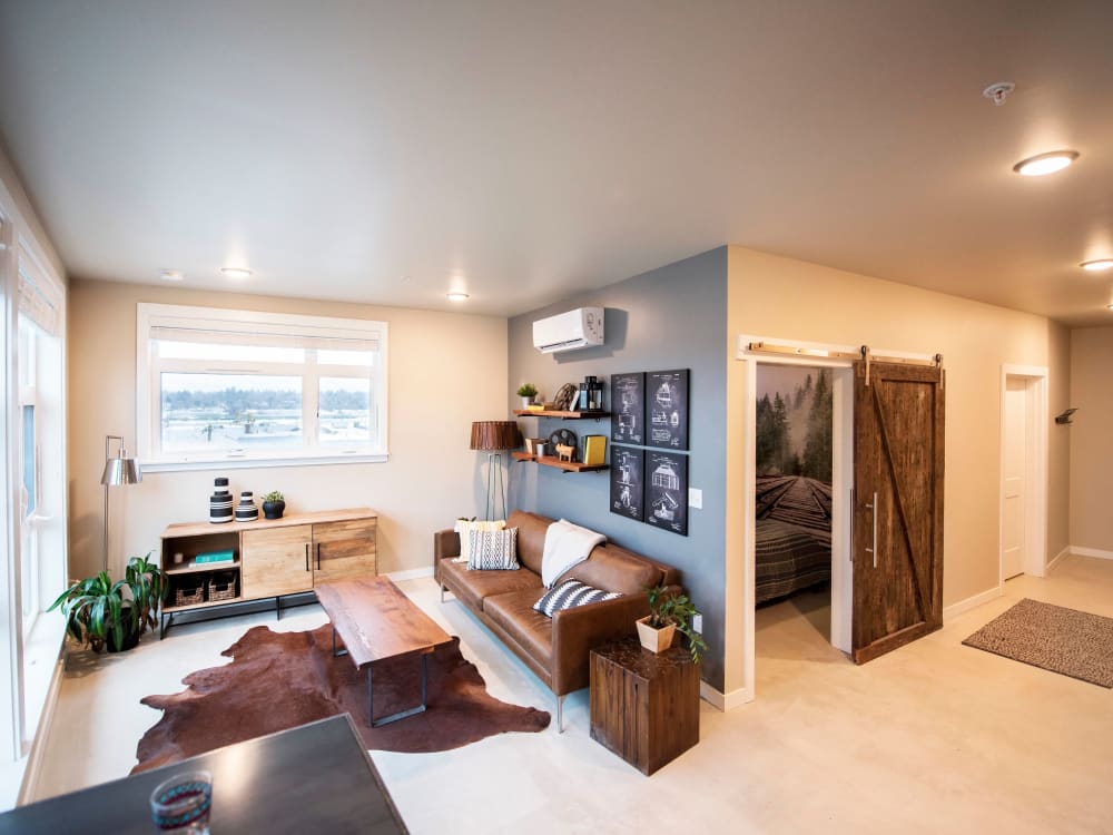 Beautifully furnished model home's living area at Brooklyn Yard in Portland, Oregon