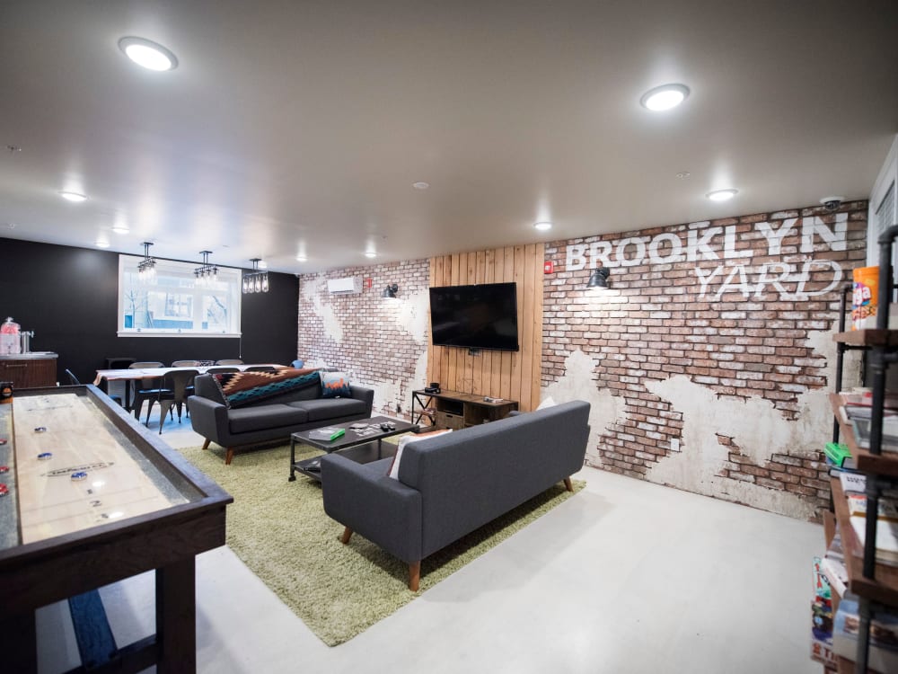 Game room in the resident clubhouse at Brooklyn Yard in Portland, Oregon