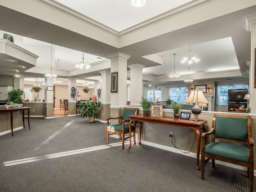 Brightly lit foyer with seating at Randall Residence of Fremont in Fremont, Ohio