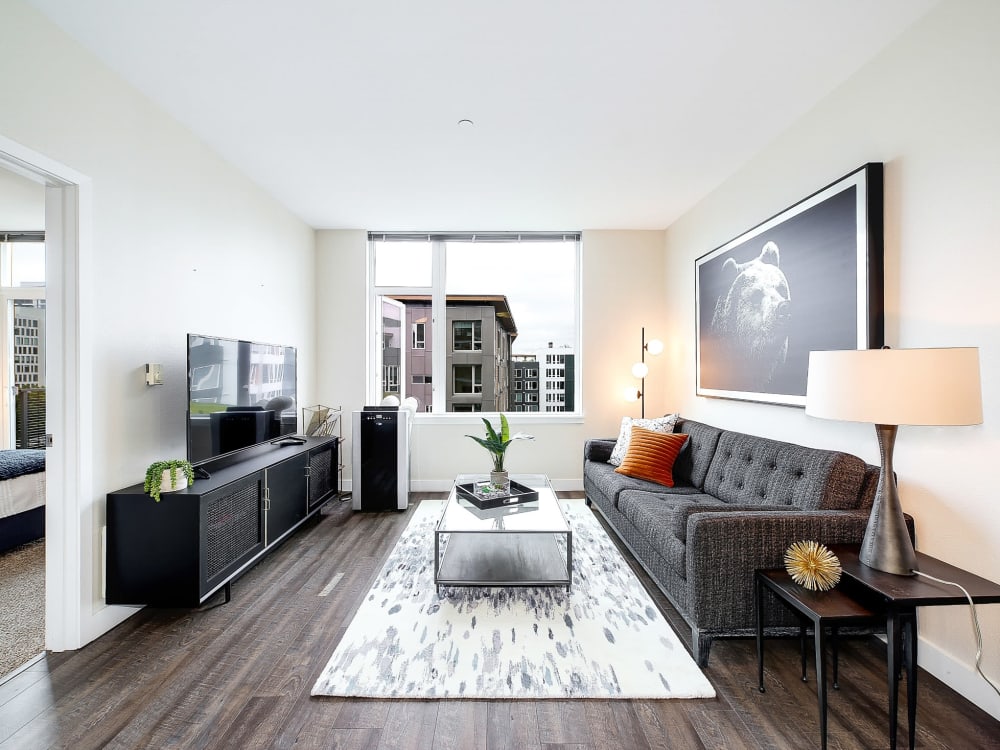 Bright and spacious living room at Alley South Lake Union in Seattle, Washington