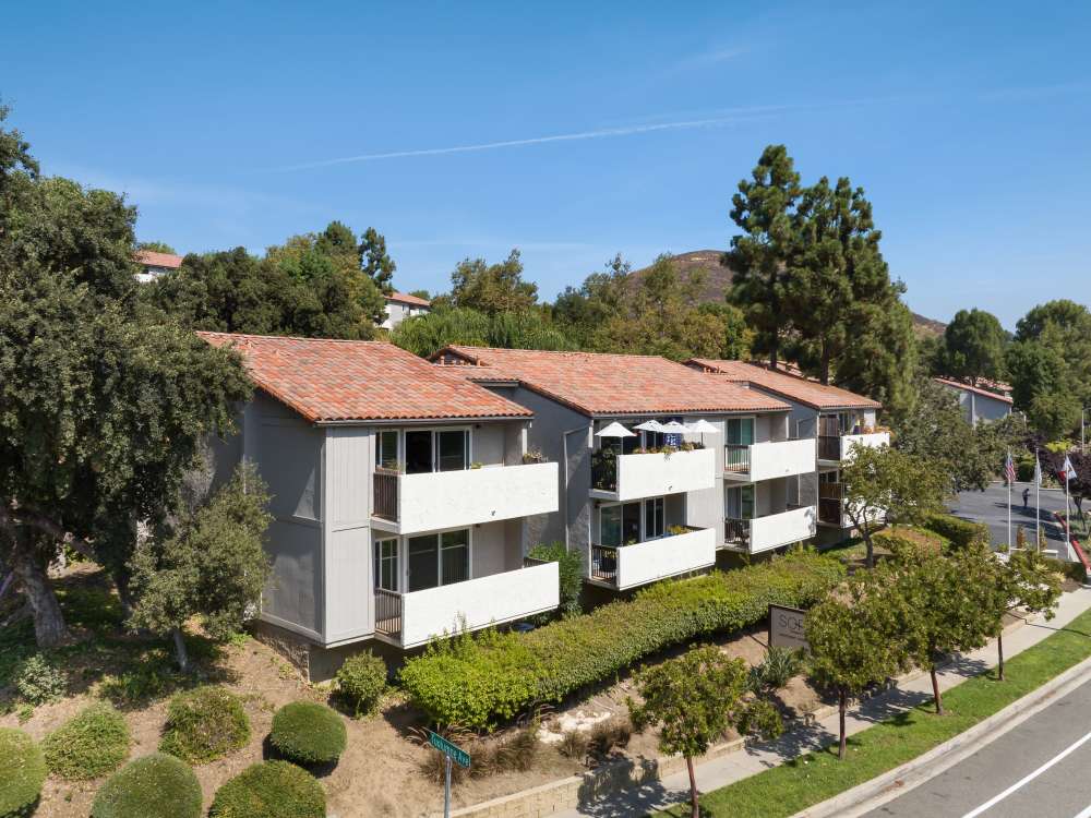Mature trees and professionally maintained landscaping outside the leasing office at Sofi Thousand Oaks in Thousand Oaks, California
