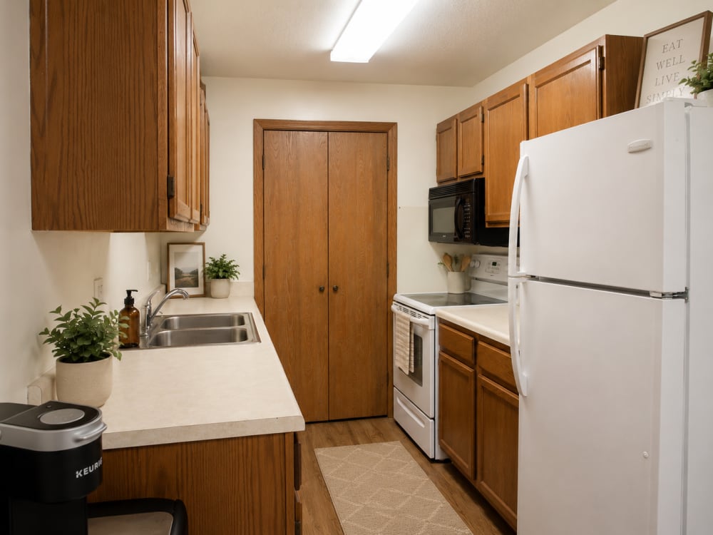 Cozy kitchen with wood-style flooring, stainless steel appliances, and ample cabinet space at Gateway Hills in Ames, Iowa