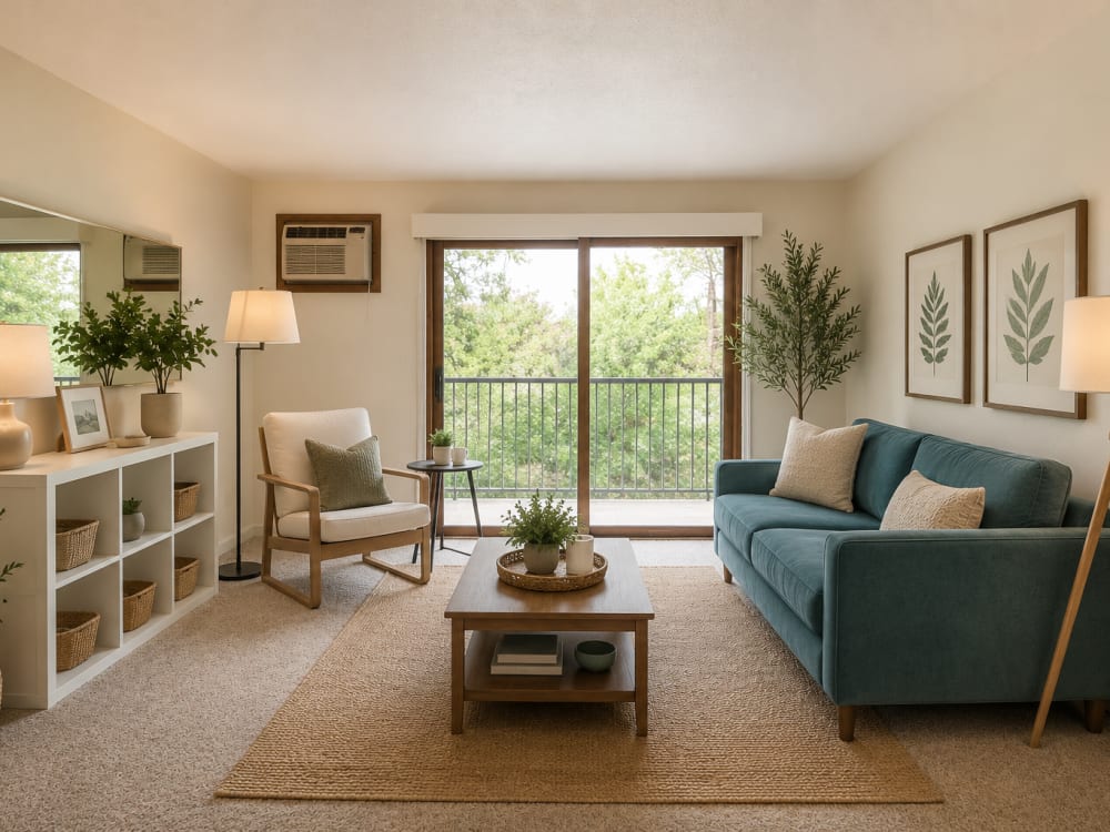 Cozy living room with teal sofa, natural light, and balcony access, featuring a stylish coffee table and plants at Gateway Hills in Ames, Iowa