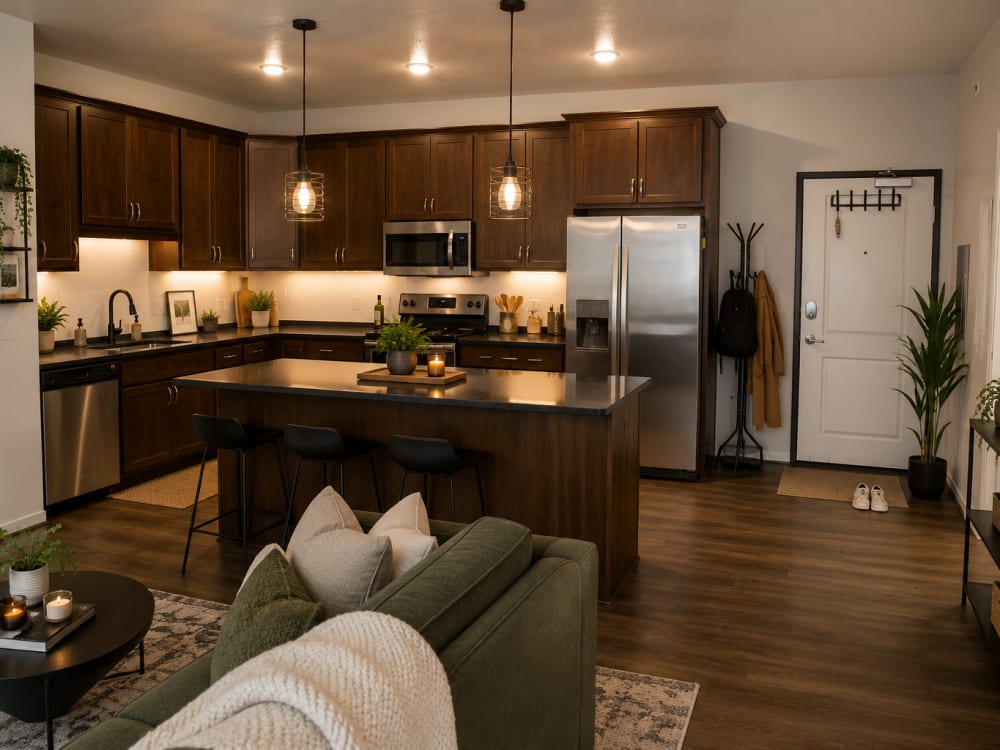 Kitchen with wooden flooring and cabinets at The Phoenix in Ames, Iowa