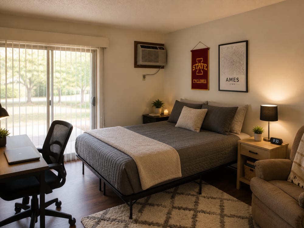 Cozy bedroom with a queen bed, desk, and sliding glass door to outdoor view at Riverbirch in Ames, Iowa