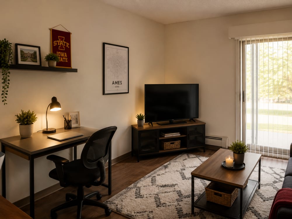Cozy living room with wood-style flooring, desk, TV, and natural light from sliding glass door at Riverbirch in Ames, Iowa