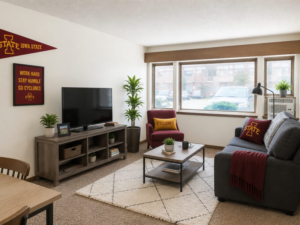 Cozy living room with large windows, modern furniture, and decorative plants, featuring a TV and coffee table at Riverbirch in Ames, Iowa