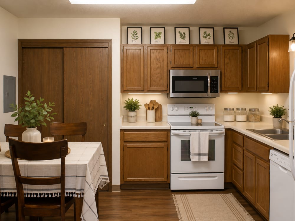 Cozy kitchen with wood-style flooring, stainless steel appliances, and a dining table with chairs at Riverbirch in Ames, Iowa