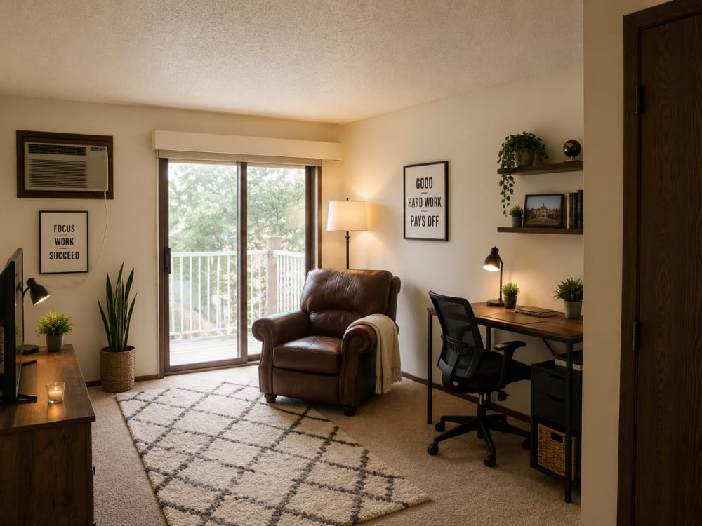 Cozy living room with a leather chair, desk, and sliding glass door to a balcony at Riverbirch in Ames, Iowa