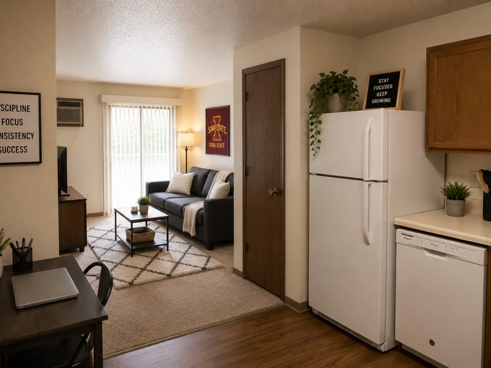 Cozy living area with sofa, coffee table, and natural light from sliding glass door at Riverbirch in Ames, Iowa