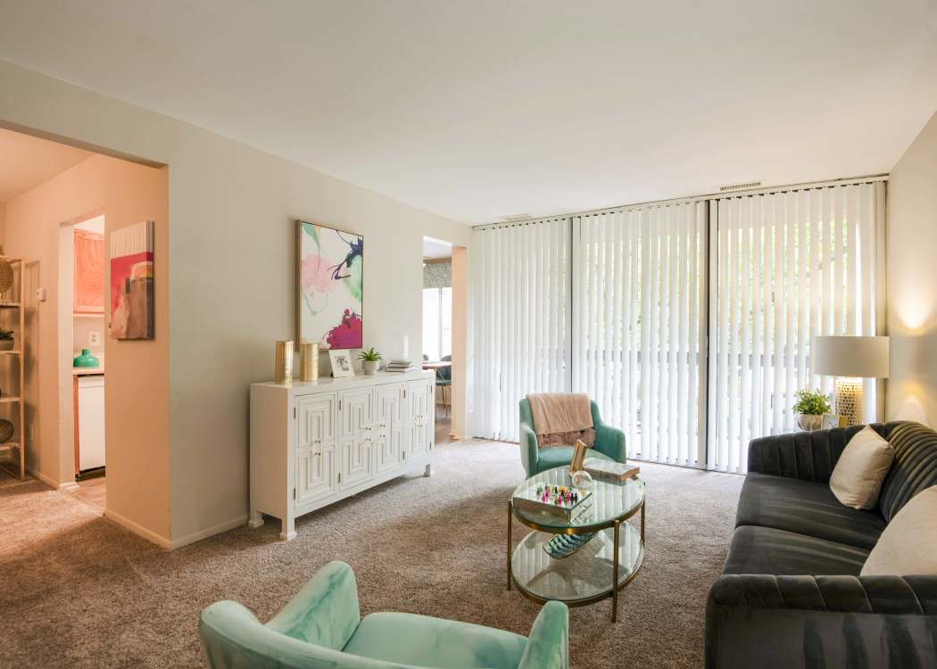 Modern and spacious living room at The Timbers at Long Reach Apartments in Columbia, Maryland