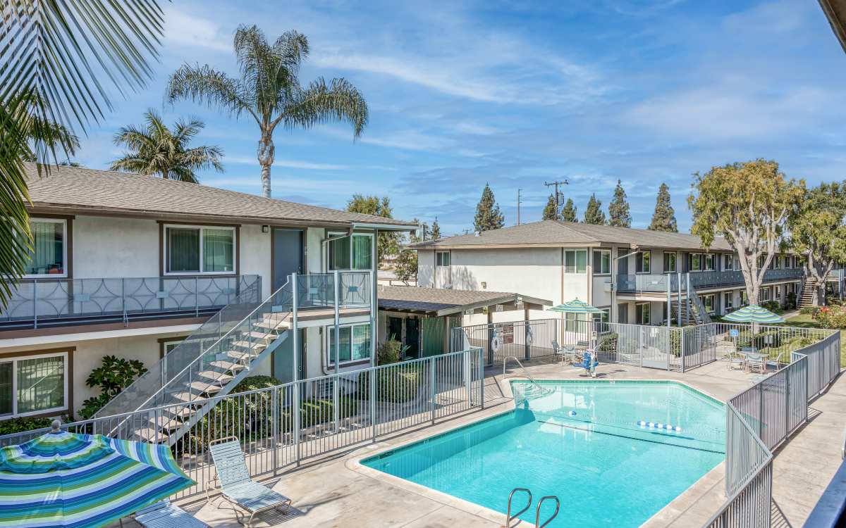 Swimming pool at Emerald Gardens Apartments in Buena Park, California