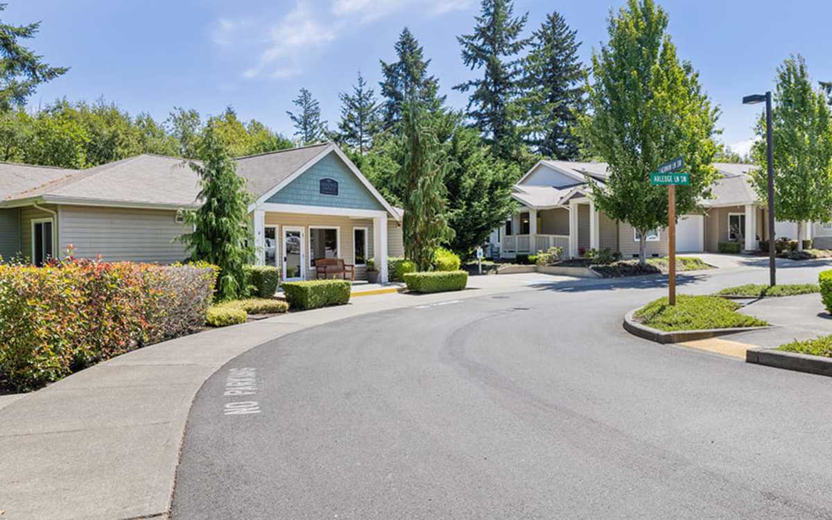 Street with single-level homes at Yauger Park Villas in Olympia, Washington