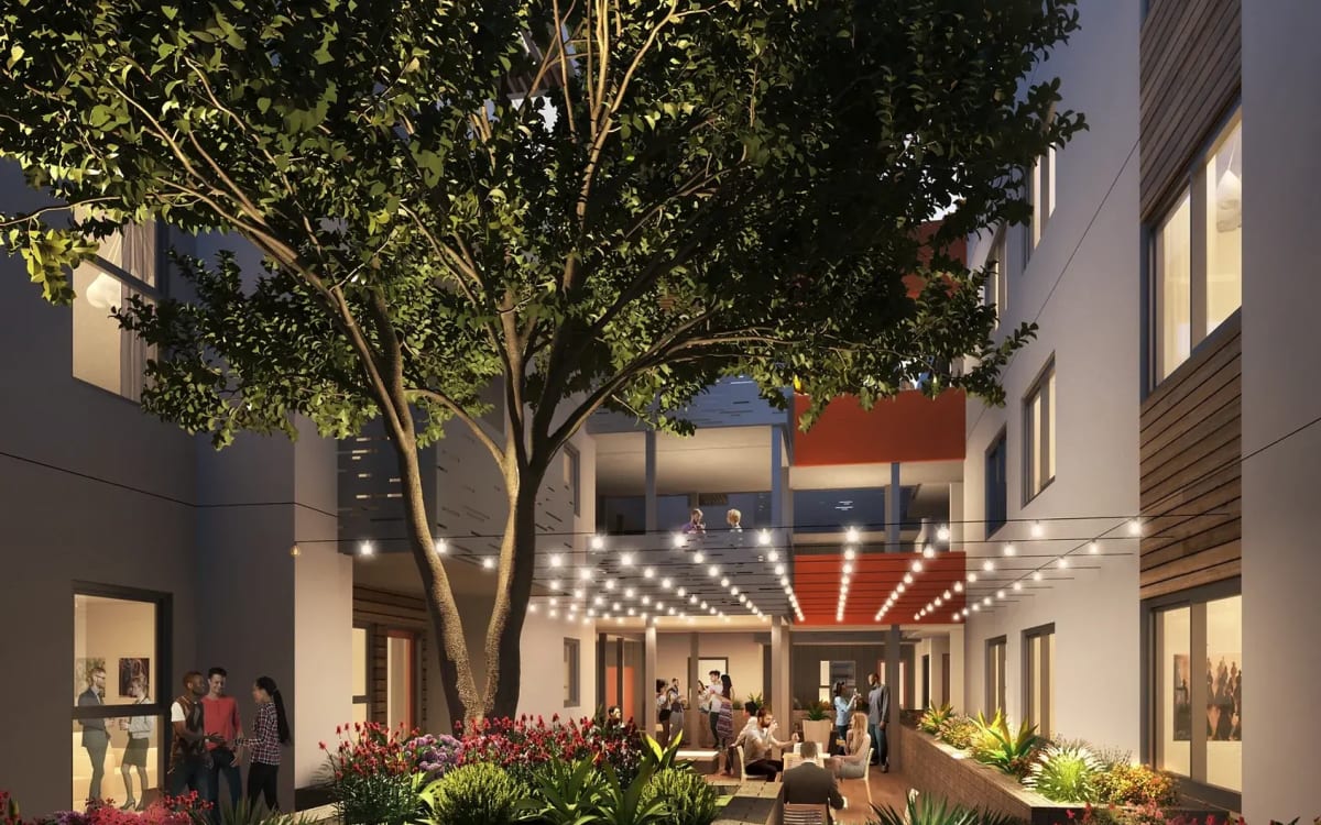 Courtyard with string lights at Baden Station in South San Francisco, California