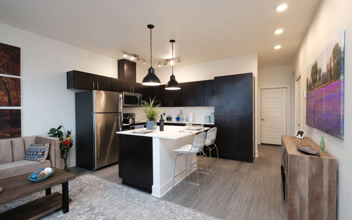 Open-concept living spaces at 27 Elm in Redmond, Oregon
