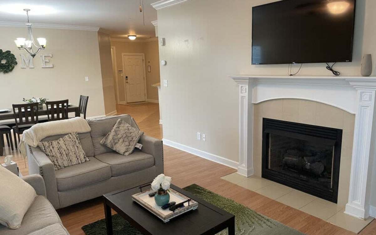 Living room with fireplace at Amelia Apartments in Fayetteville, North Carolina