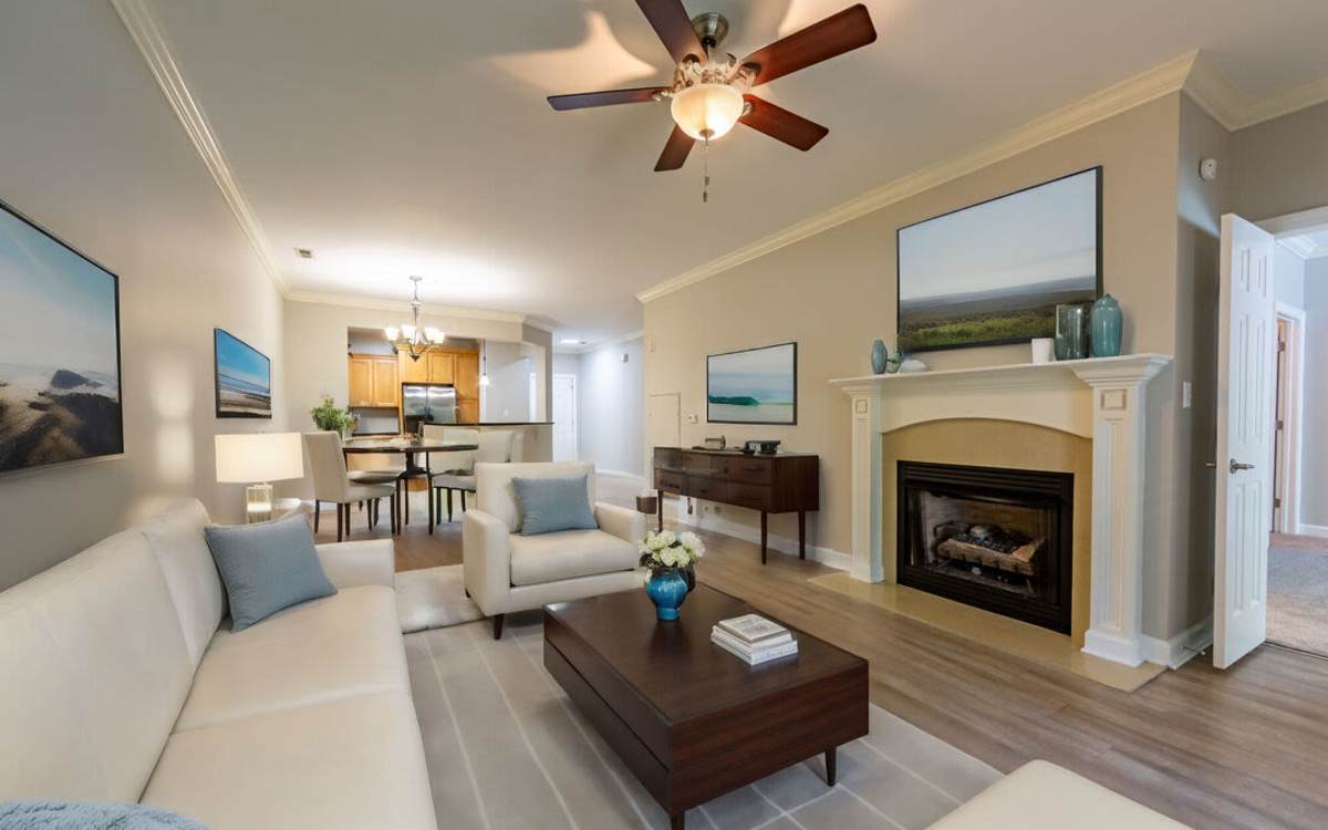Well-furnished apartment living room with cozy sofa at Amelia Apartments in Fayetteville, North Carolina