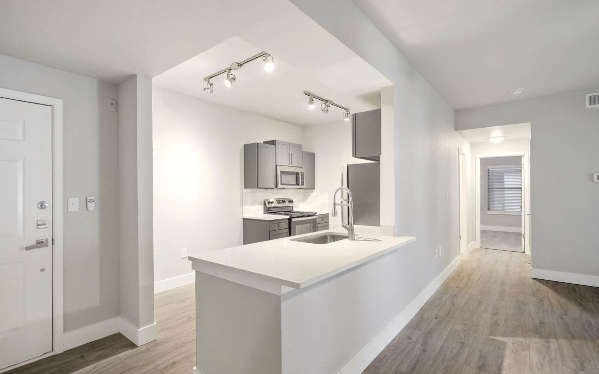 Kitchen with view to hallway at Easton in San Antonio, Texas