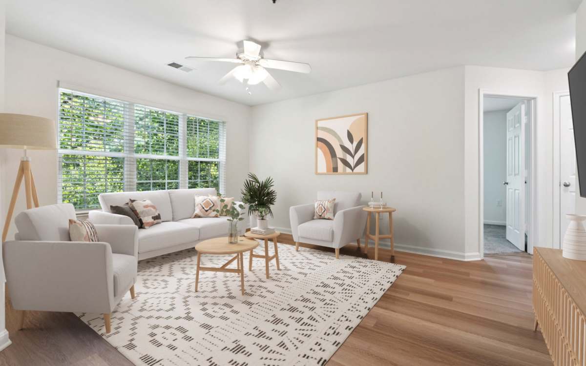 Staged living room furniture at Beacon Place at Kentlands in Gaithersburg, Maryland