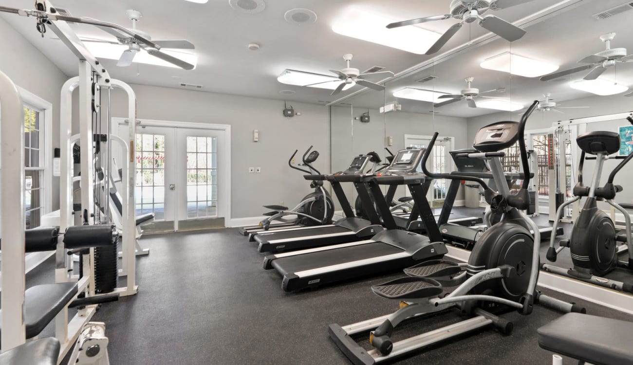 Fully equipped fitness center at Carrington Point in Douglasville, Georgia