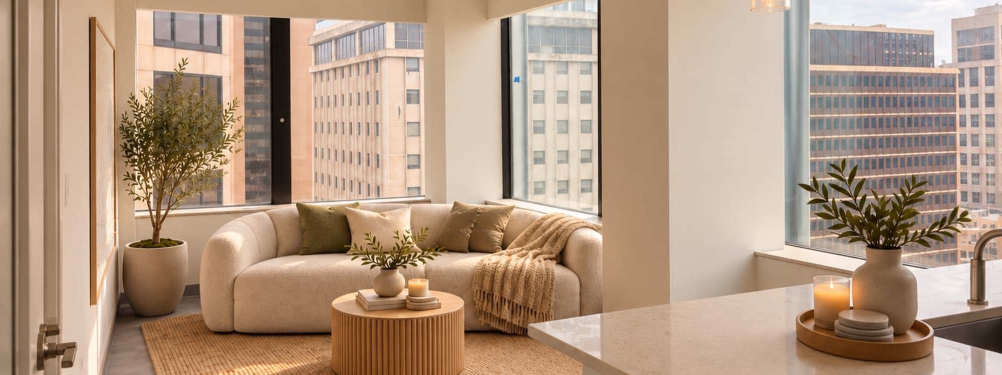 Living area with curved cream sofa, round wood coffee table and corner windows with city views at Altitude on Main in Richmond, Virginia